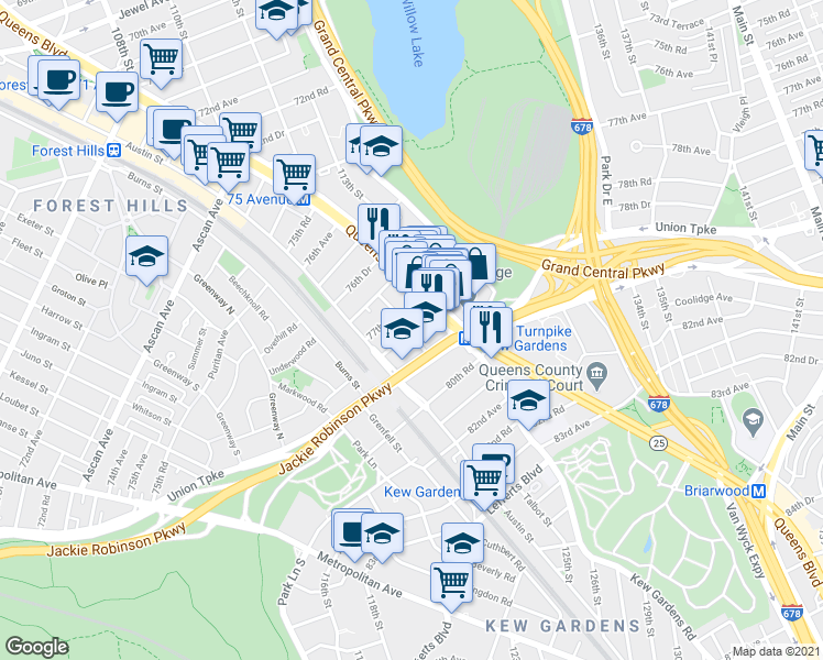 map of restaurants, bars, coffee shops, grocery stores, and more near 78th Avenue & Kew Forest Lane in Queens