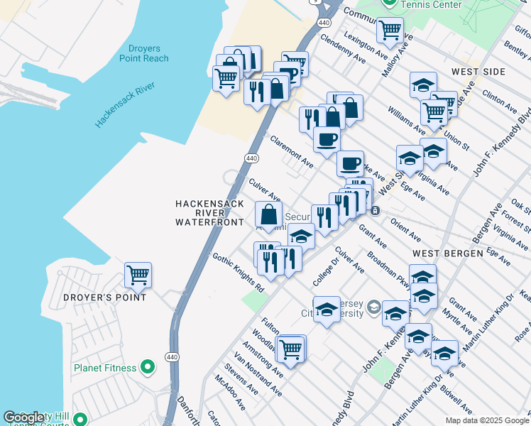 map of restaurants, bars, coffee shops, grocery stores, and more near 85 Fisk Street in Jersey City