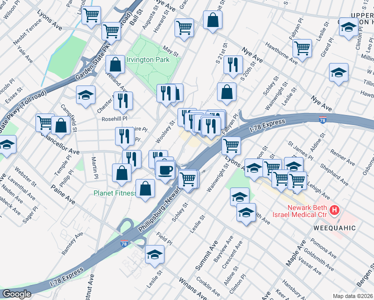 map of restaurants, bars, coffee shops, grocery stores, and more near 21 Stecher Street in Newark