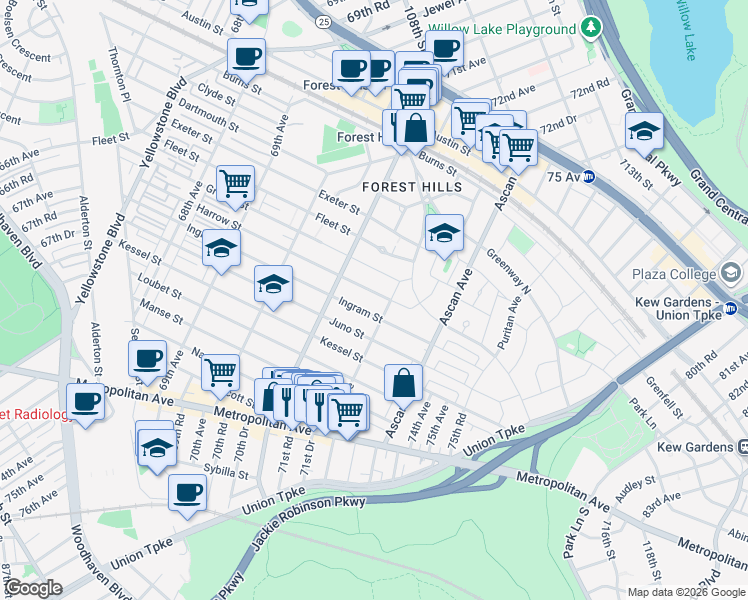 map of restaurants, bars, coffee shops, grocery stores, and more near 71-44 Harrow Street in Queens