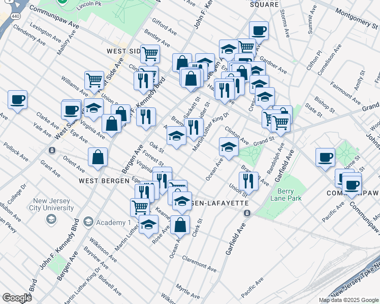 map of restaurants, bars, coffee shops, grocery stores, and more near 481 Martin Luther King Drive in Jersey City