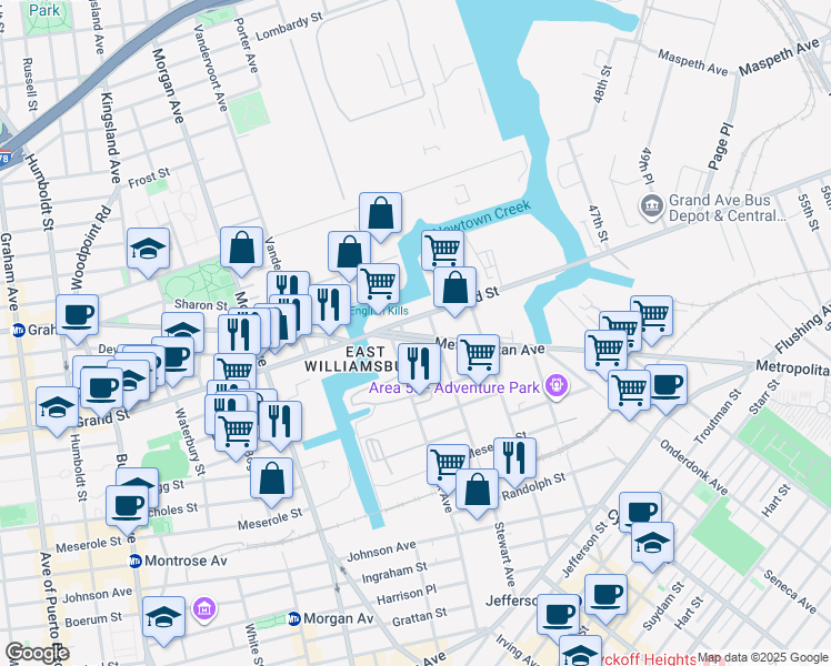 map of restaurants, bars, coffee shops, grocery stores, and more near 1410 Metropolitan Avenue in Brooklyn