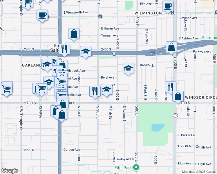 map of restaurants, bars, coffee shops, grocery stores, and more near 374 Vidas Avenue in Salt Lake City