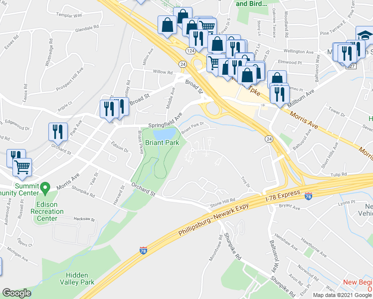 map of restaurants, bars, coffee shops, grocery stores, and more near 92D Troy Drive in Springfield