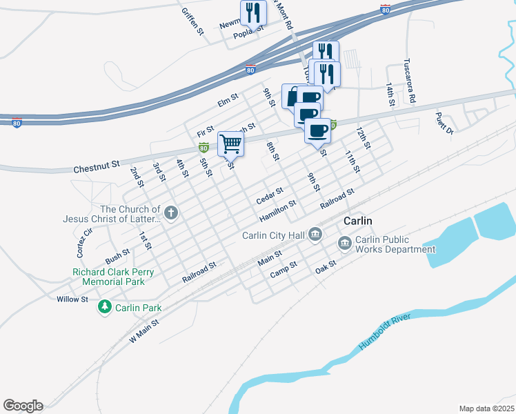 map of restaurants, bars, coffee shops, grocery stores, and more near 601 Cedar Street in Carlin