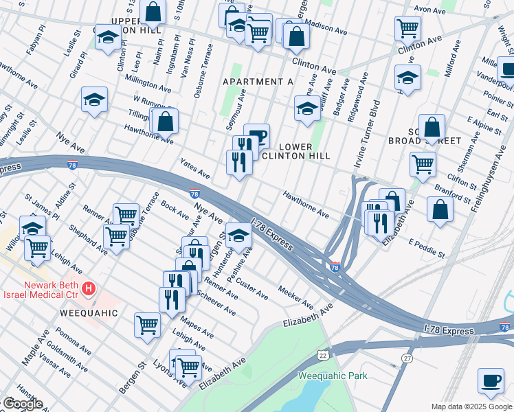 map of restaurants, bars, coffee shops, grocery stores, and more near 836 Hunterdon Street in Newark