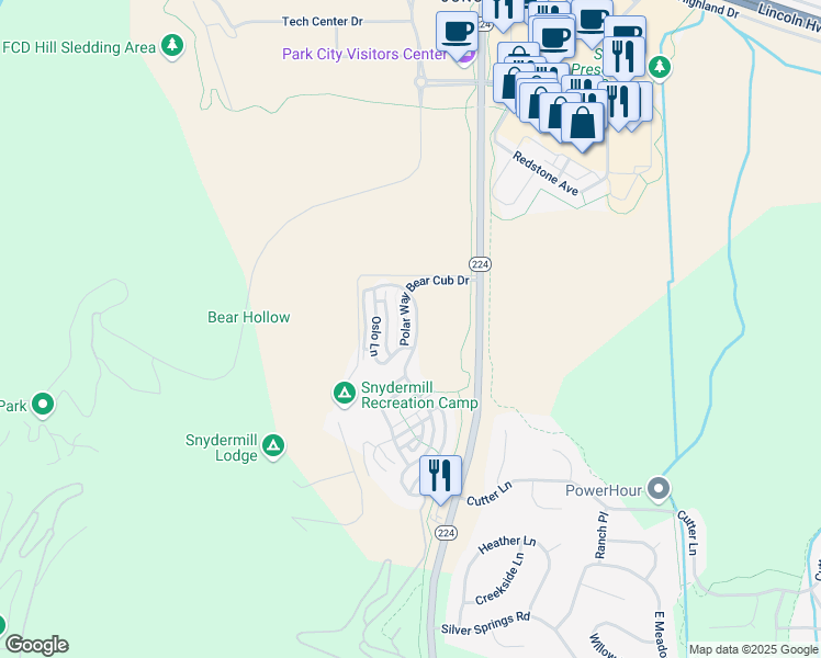 map of restaurants, bars, coffee shops, grocery stores, and more near 5627 Bobsled Boulevard in Park City