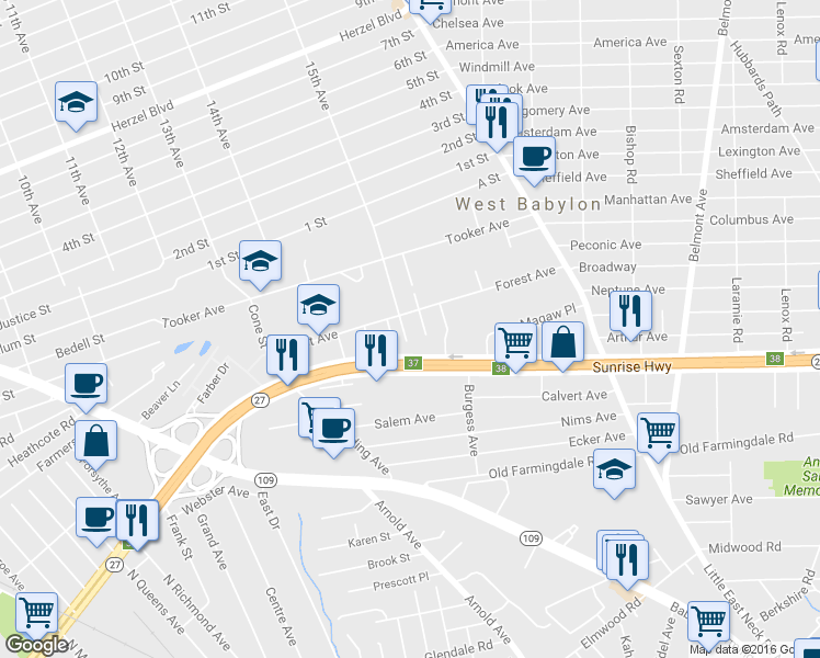 map of restaurants, bars, coffee shops, grocery stores, and more near 73 Baywood Street in West Babylon