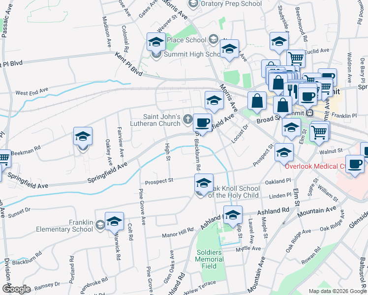 map of restaurants, bars, coffee shops, grocery stores, and more near 15 Brook Court in Summit