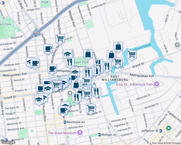 map of restaurants, bars, coffee shops, grocery stores, and more near Metropolitan Avenue & Morgan Avenue in Brooklyn