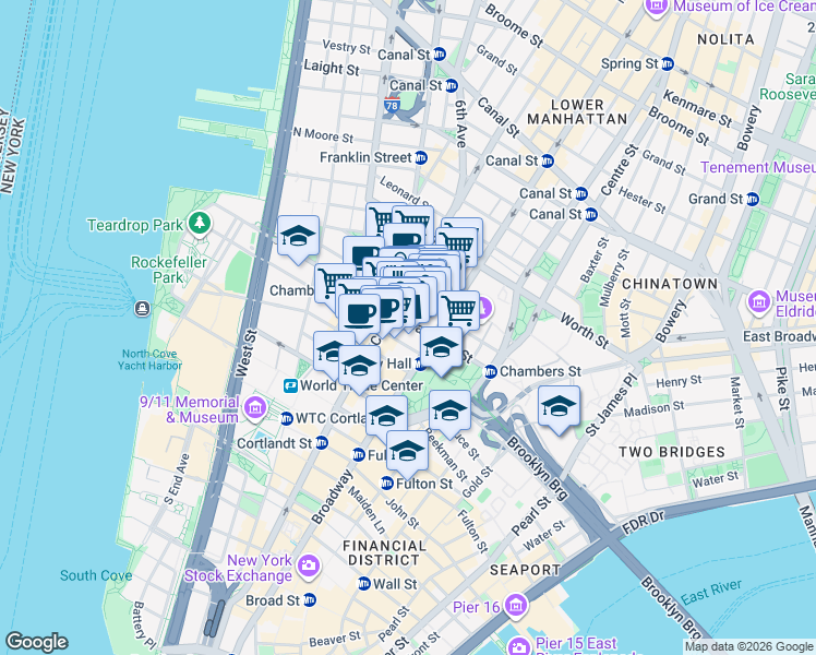 map of restaurants, bars, coffee shops, grocery stores, and more near 88 Chambers Street in New York