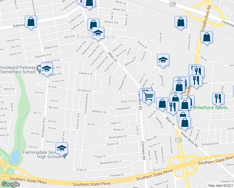map of restaurants, bars, coffee shops, grocery stores, and more near 31 Pleasant Avenue in Farmingdale