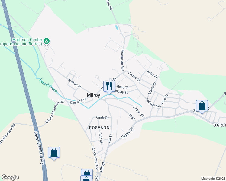 map of restaurants, bars, coffee shops, grocery stores, and more near 94 Maclay St in Milroy