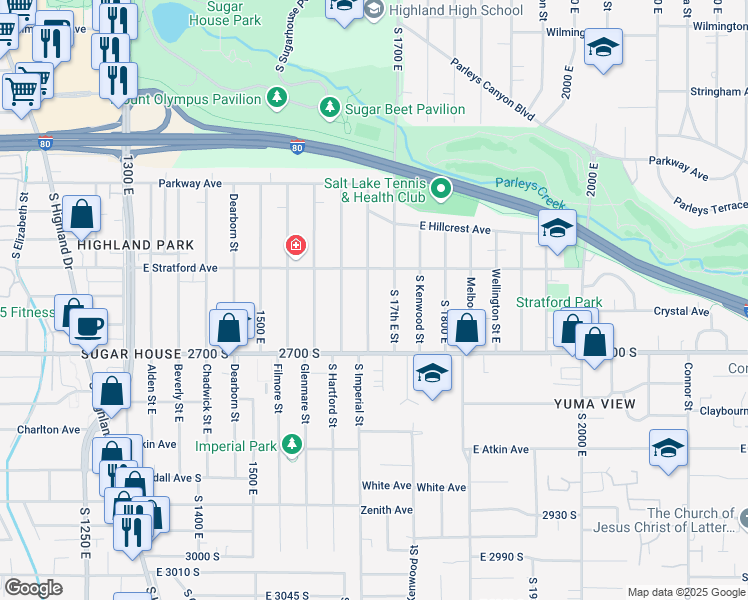 map of restaurants, bars, coffee shops, grocery stores, and more near 2645 South Imperial Street in Salt Lake City