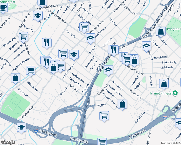 map of restaurants, bars, coffee shops, grocery stores, and more near 38 Feiner Place in Irvington