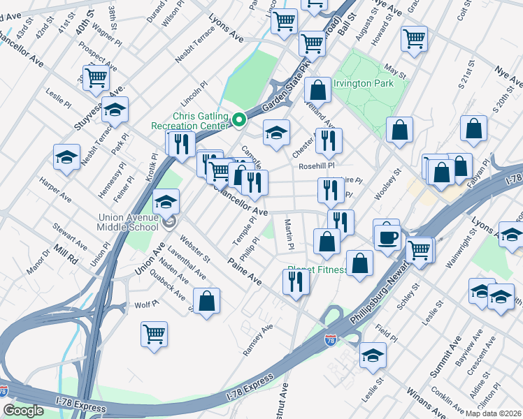 map of restaurants, bars, coffee shops, grocery stores, and more near 659 Chancellor Avenue in Irvington