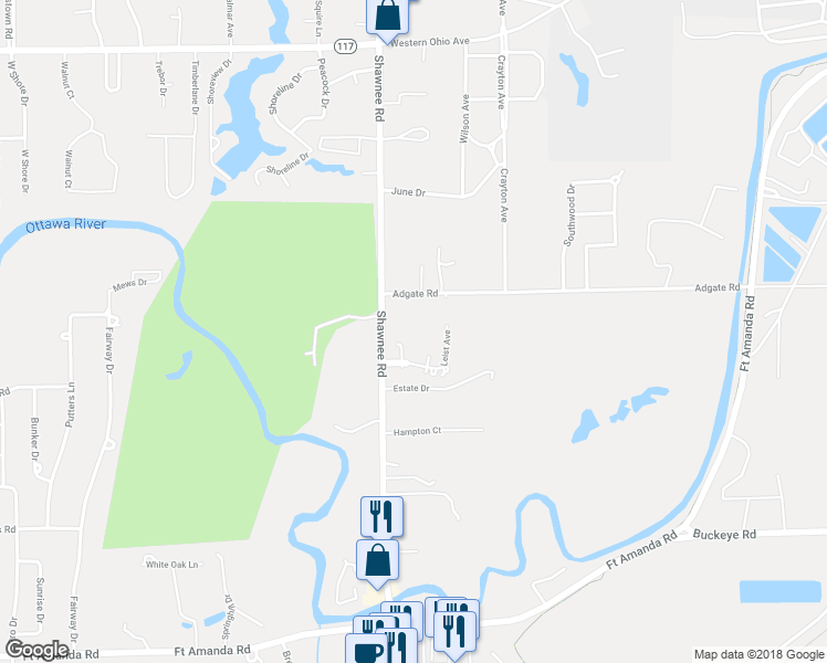 map of restaurants, bars, coffee shops, grocery stores, and more near 1755 Shawnee Road in Lima