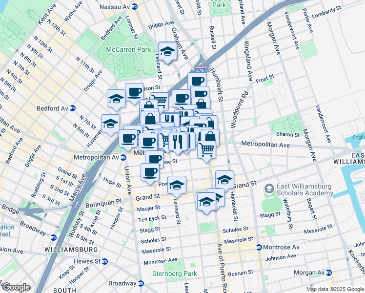 map of restaurants, bars, coffee shops, grocery stores, and more near 661 Metropolitan Avenue in Brooklyn