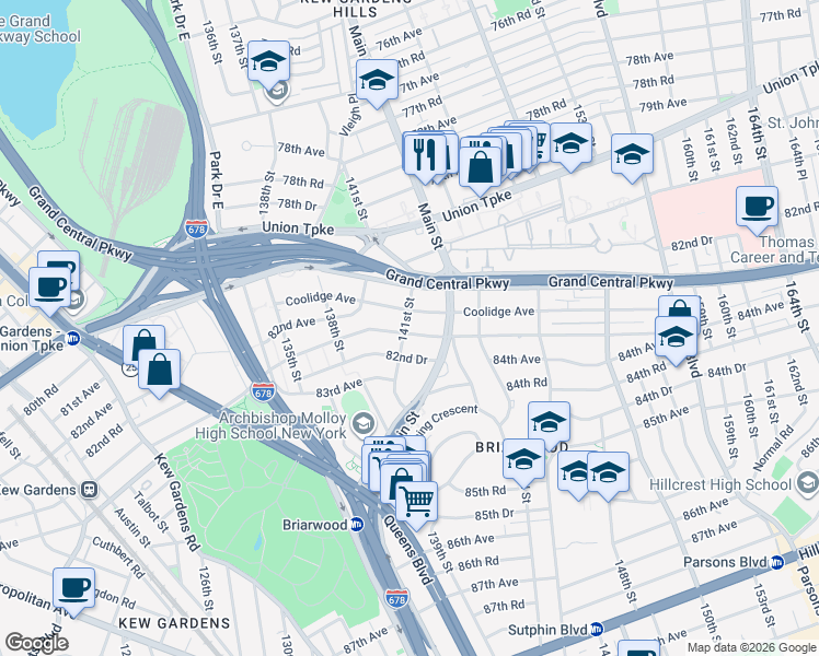 map of restaurants, bars, coffee shops, grocery stores, and more near 141-03 Hoover Avenue in Queens