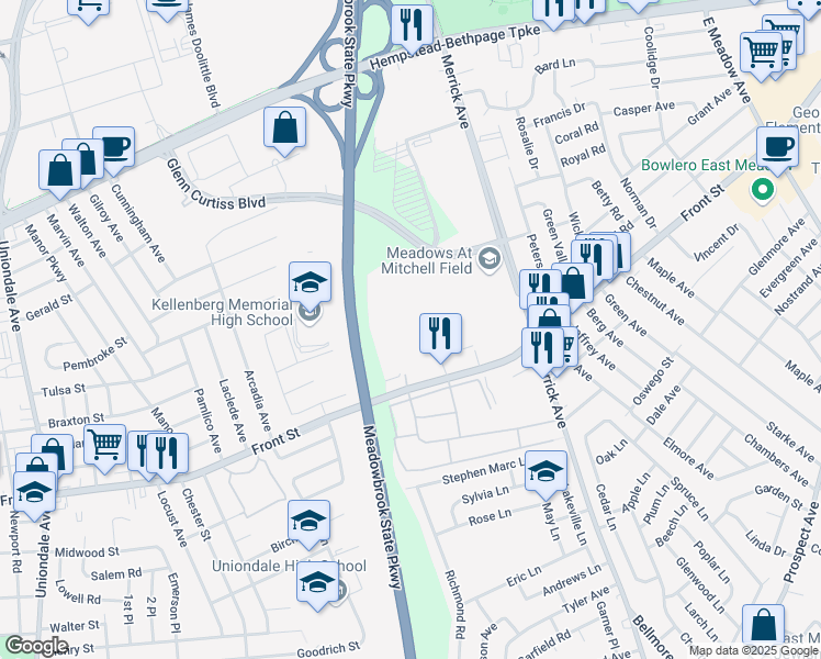 map of restaurants, bars, coffee shops, grocery stores, and more near 423 Autumn Drive in East Meadow