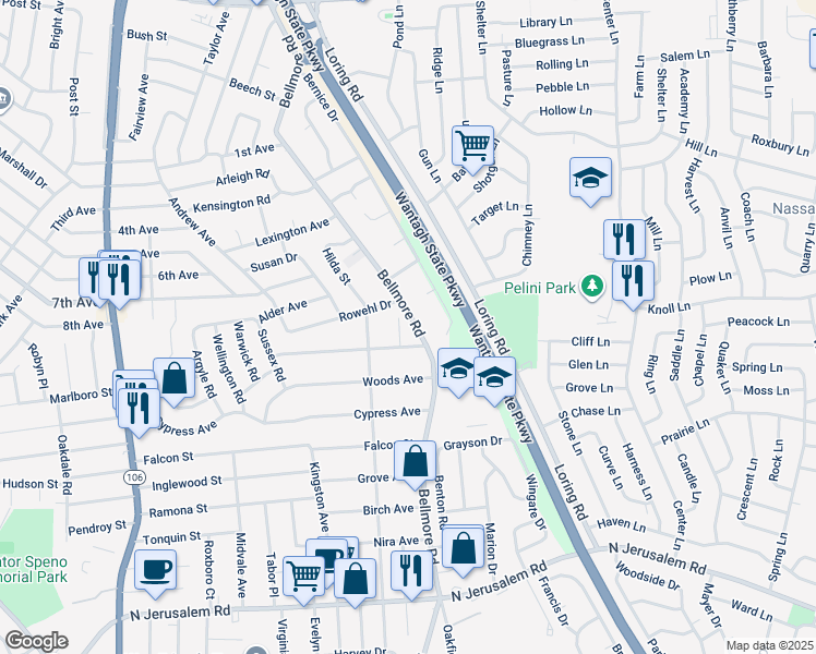 map of restaurants, bars, coffee shops, grocery stores, and more near 384 Bellmore Road in East Meadow