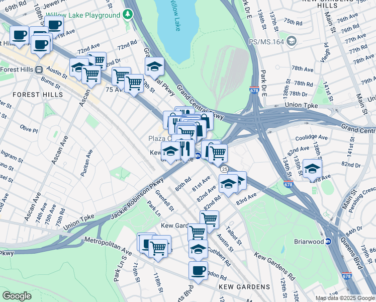 map of restaurants, bars, coffee shops, grocery stores, and more near 118-20 Queens Boulevard in Queens