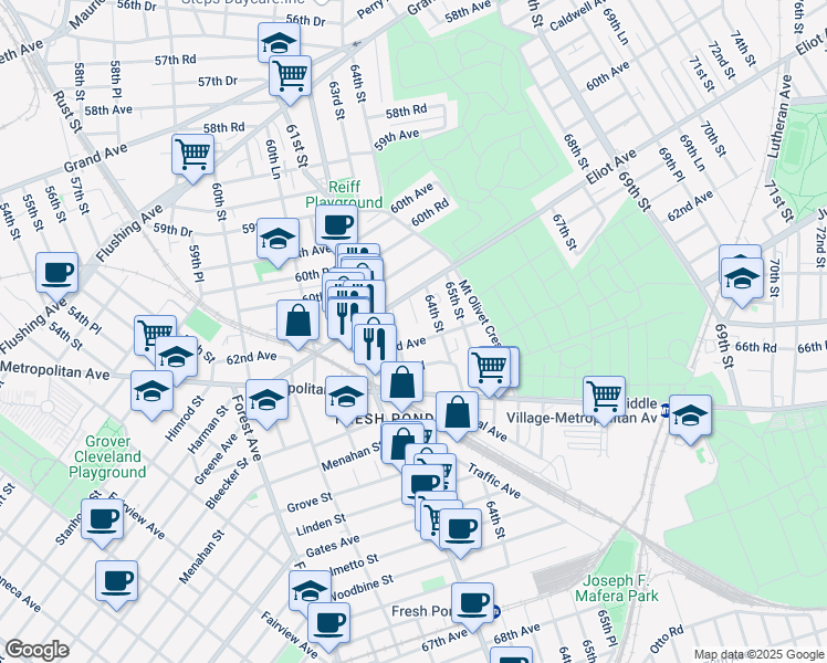 map of restaurants, bars, coffee shops, grocery stores, and more near 62-15 62nd Avenue in Queens