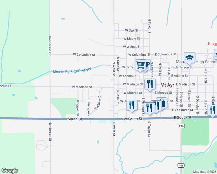 map of restaurants, bars, coffee shops, grocery stores, and more near 602 West Madison Street in Mount Ayr