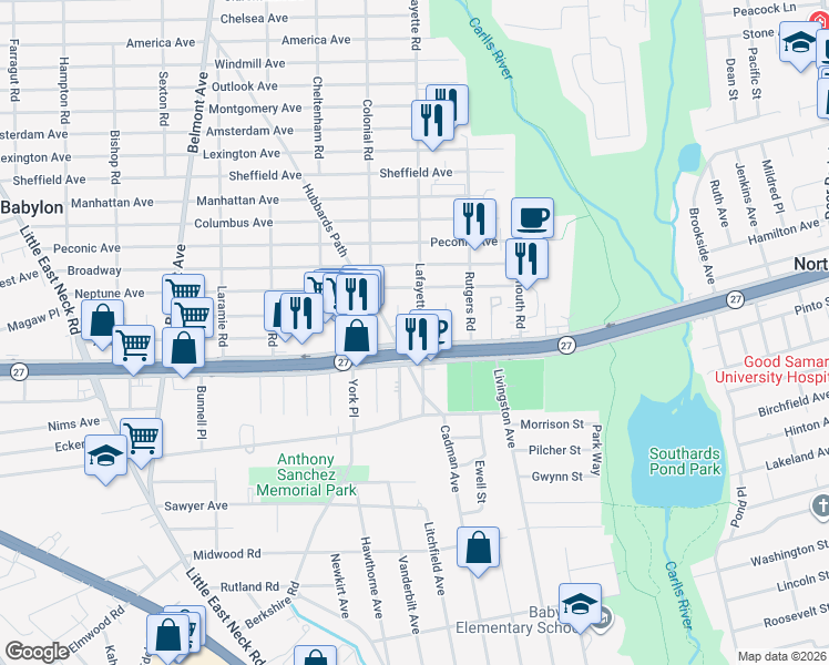 map of restaurants, bars, coffee shops, grocery stores, and more near 11 Lafayette Road in West Babylon
