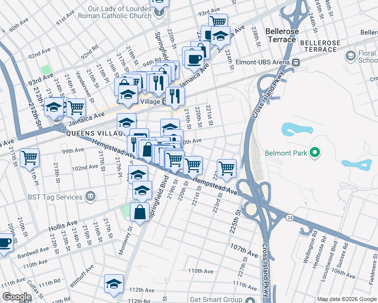 map of restaurants, bars, coffee shops, grocery stores, and more near 219-19 101st Avenue in Queens
