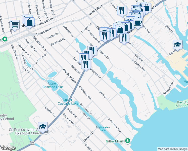map of restaurants, bars, coffee shops, grocery stores, and more near 10 Lawrence Lane in Bay Shore