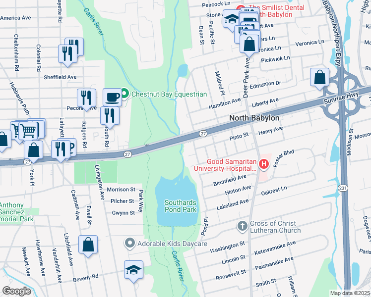 map of restaurants, bars, coffee shops, grocery stores, and more near 848 Sunrise Highway in West Babylon