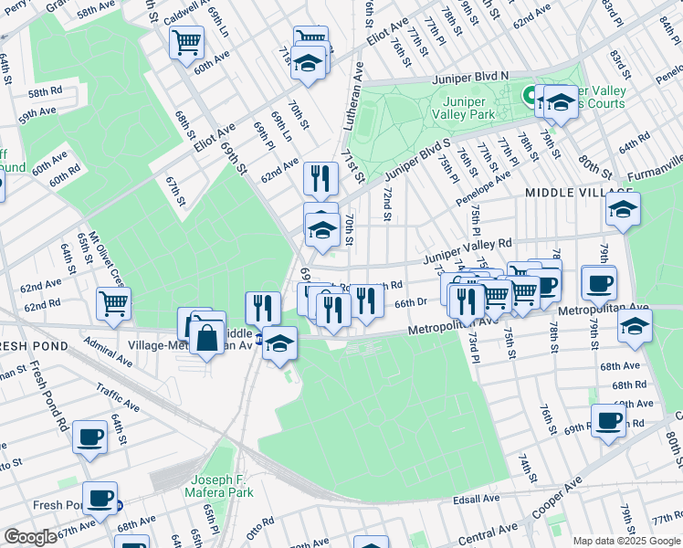 map of restaurants, bars, coffee shops, grocery stores, and more near 69-38 Juniper Valley Road in Queens