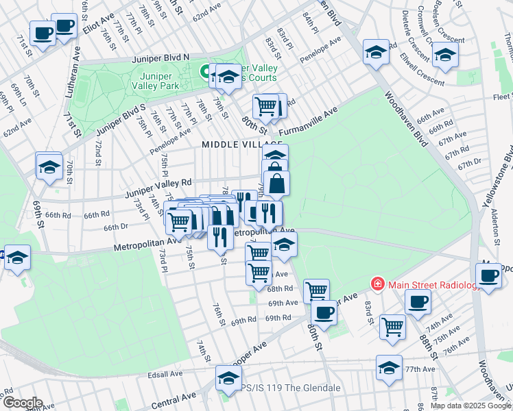 map of restaurants, bars, coffee shops, grocery stores, and more near 66-48 79th Place in Queens