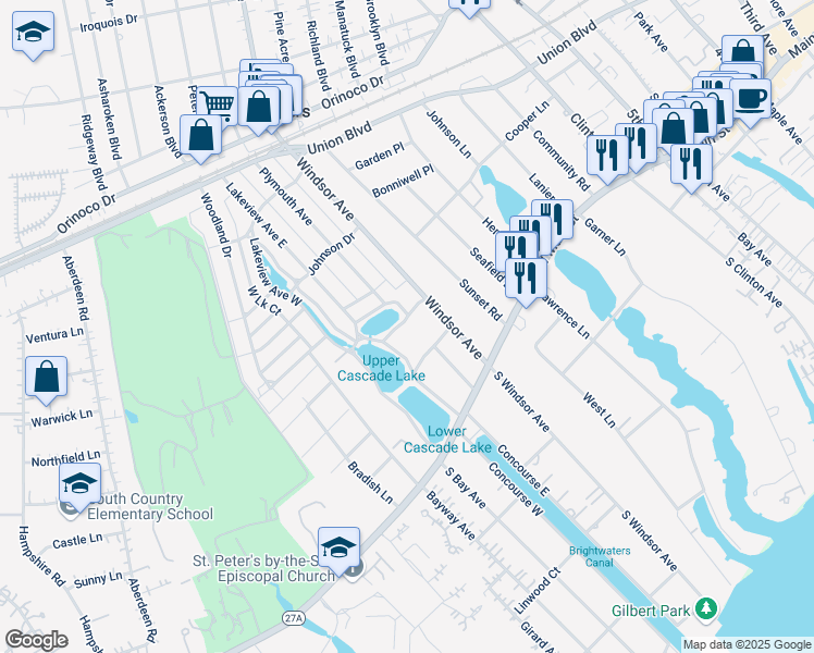map of restaurants, bars, coffee shops, grocery stores, and more near 15 Lakeview Avenue South in Brightwaters