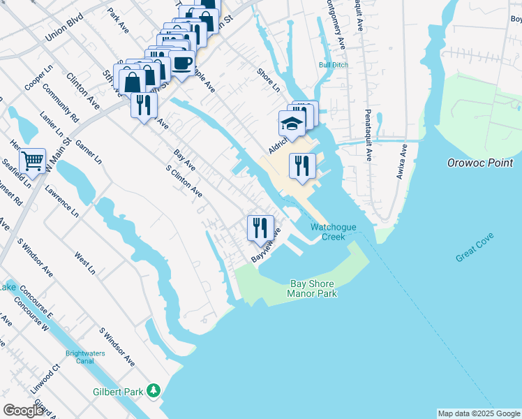 map of restaurants, bars, coffee shops, grocery stores, and more near 2 Lawrence Avenue in Bay Shore