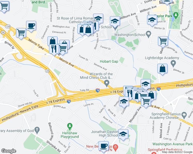 map of restaurants, bars, coffee shops, grocery stores, and more near 436 New Jersey 124 in Springfield