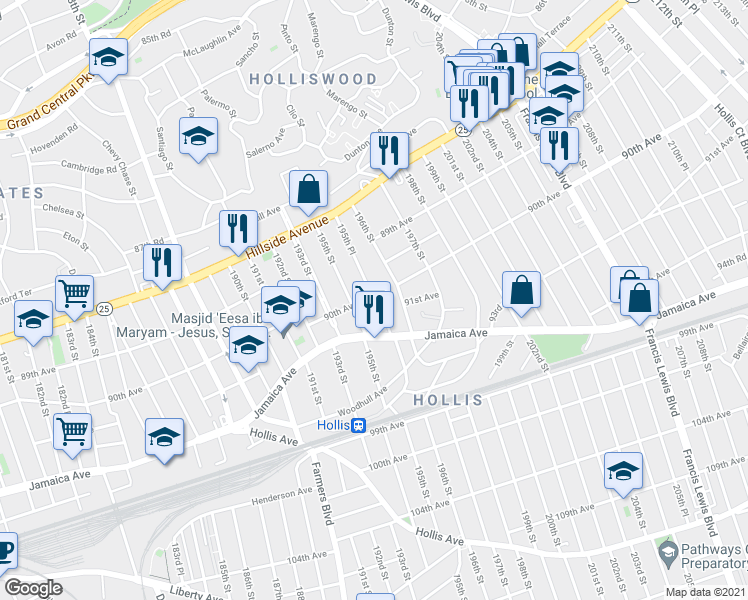map of restaurants, bars, coffee shops, grocery stores, and more near 195-24 90th Avenue in Queens
