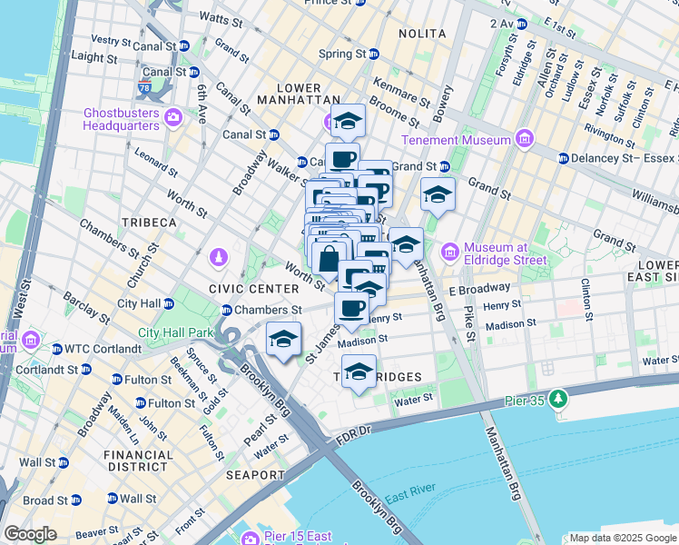 map of restaurants, bars, coffee shops, grocery stores, and more near Mott St & Mosco St in New York