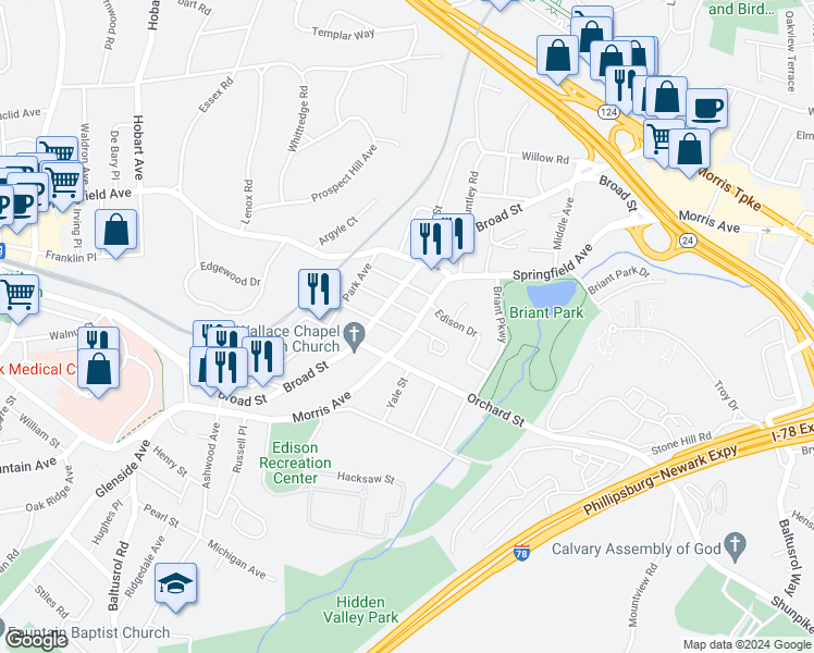 map of restaurants, bars, coffee shops, grocery stores, and more near 29 Morris Avenue in Summit