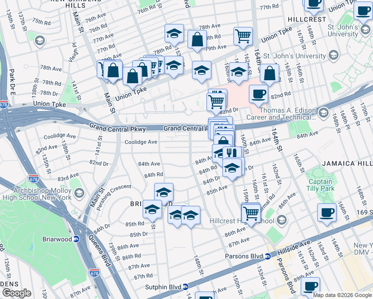 map of restaurants, bars, coffee shops, grocery stores, and more near 147-73 Hoover Avenue in Queens