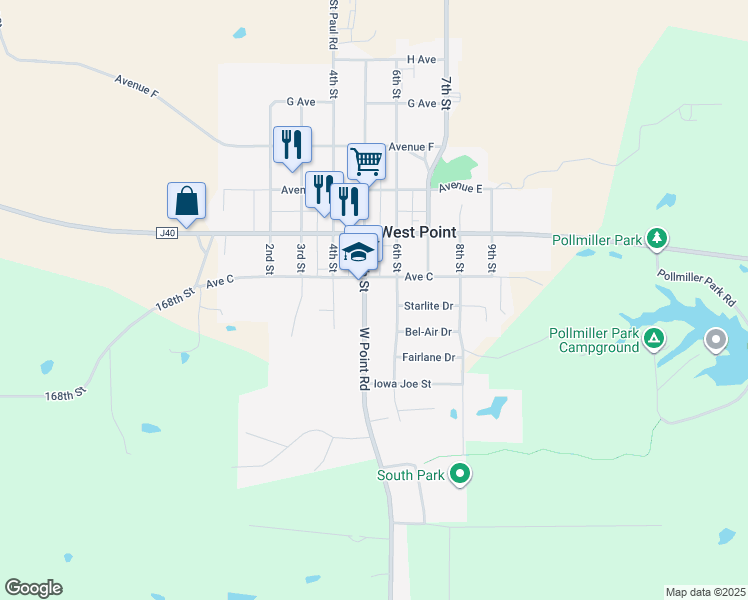 map of restaurants, bars, coffee shops, grocery stores, and more near 107 5th Street in West Point