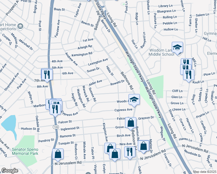 map of restaurants, bars, coffee shops, grocery stores, and more near 2694 Rowehl Drive in East Meadow