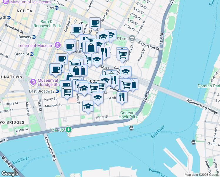 map of restaurants, bars, coffee shops, grocery stores, and more near 305 East Broadway in New York
