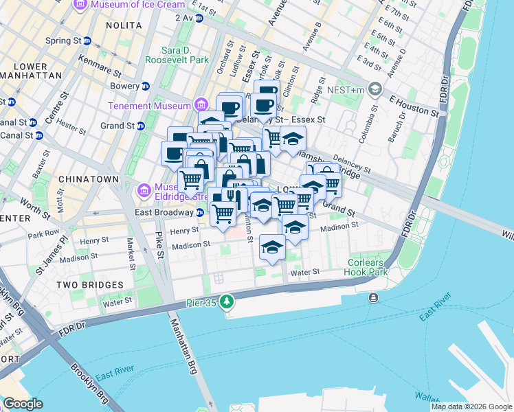 map of restaurants, bars, coffee shops, grocery stores, and more near in New York