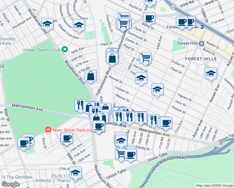 map of restaurants, bars, coffee shops, grocery stores, and more near 67-62 Selfridge Street in Queens