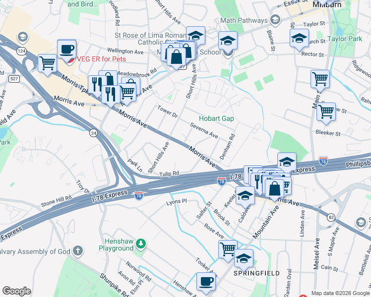 map of restaurants, bars, coffee shops, grocery stores, and more near 436A Morris Avenue in Springfield