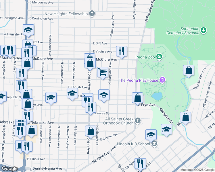 map of restaurants, bars, coffee shops, grocery stores, and more near 2201 North Maryland Street in Peoria