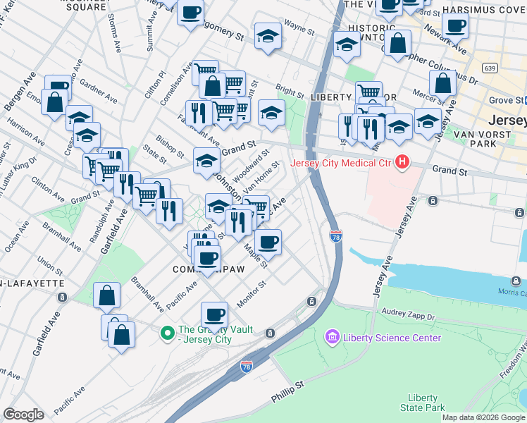 map of restaurants, bars, coffee shops, grocery stores, and more near 390 Halladay Street in Jersey City