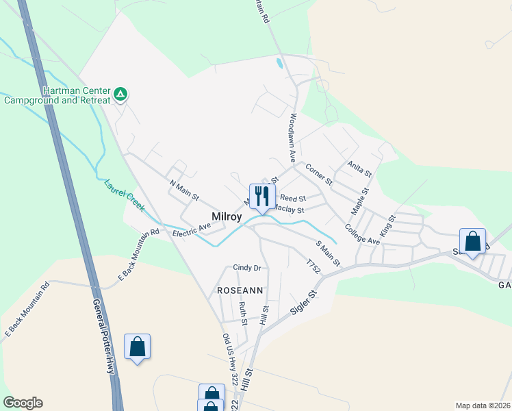 map of restaurants, bars, coffee shops, grocery stores, and more near 2-94 Maclay St in Milroy